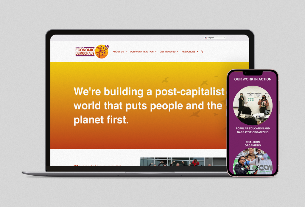 A laptop and smartphone displaying the homepage of a website. The laptop shows a message about building a post-capitalist world prioritizing people and the planet. The smartphone showcases Our Work in Action with an image of diverse people.