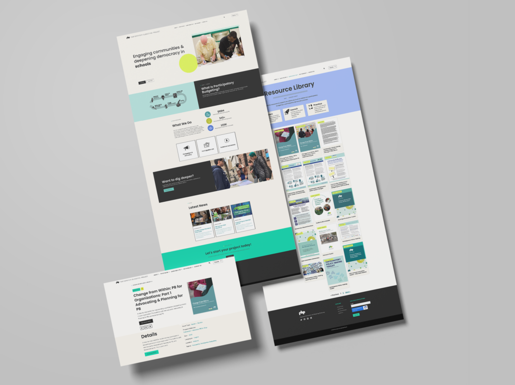 Three webpages are displayed in a layered fashion against a gray background. The pages feature various elements like text, images, and navigation menus. The designs are modern, with green and blue accents. The main focus is on community engagement.