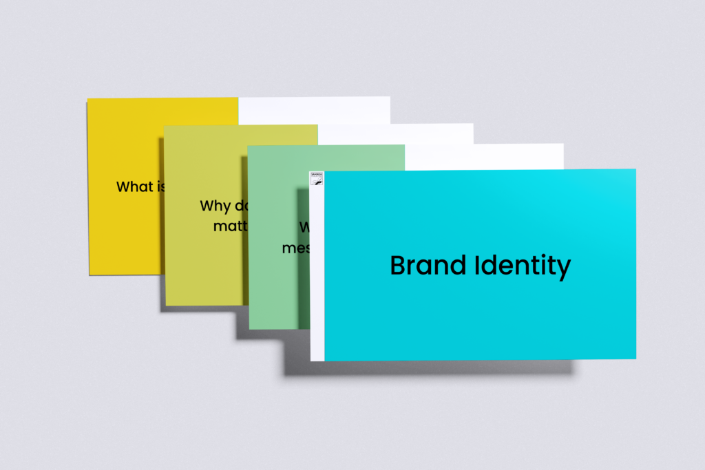 A stack of colorful cards with text. The visible card reads Brand Identity on a turquoise background. Other cards have partial texts: What is, Why does it matter, and What makes... on yellow, olive, and green backgrounds.